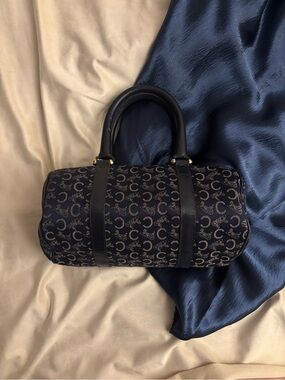 Vintage Celine Navy Monogram Barrel Bag with Black Trim